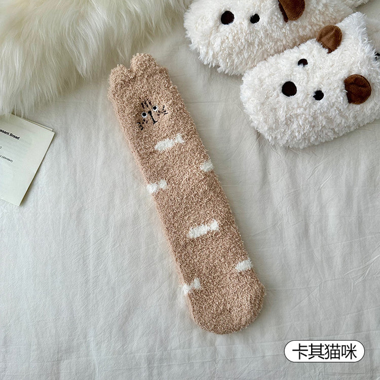 女襪｜冬季襪子女軟糯舒適居家保暖地板襪立體卡通圖案加絨加厚睡眠襪「QZ2578」25.11-2
