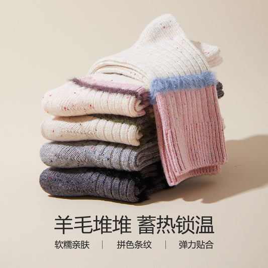 女襪｜羊毛襪子女點子紗加厚保暖親膚舒適堆堆襪秋冬拼色條紋彈力中筒襪「YJ8022」24.12-5