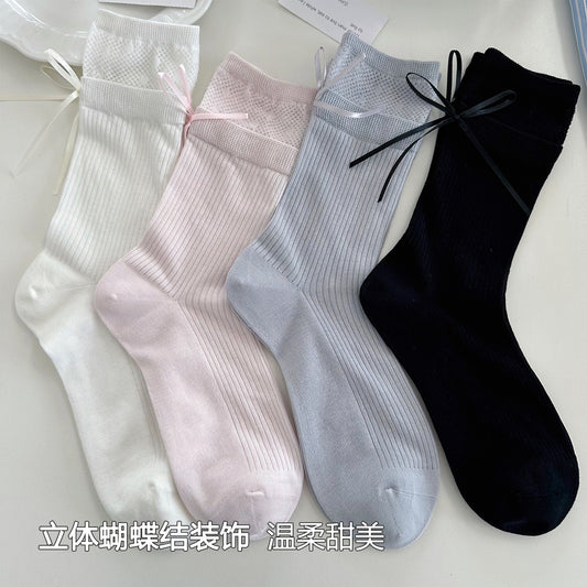 女襪｜miu系蝴蝶結襪子女棉質吸汗網眼透氣堆堆襪親膚舒適彈力襪子「SX1042」25.08-1