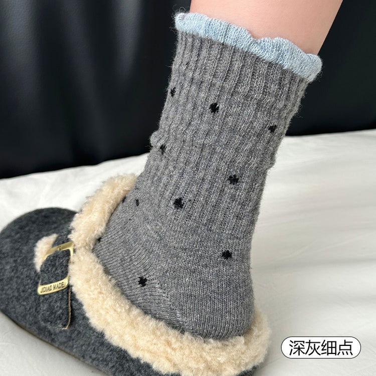 女襪｜襪子女士混搭刺繡藍灰色中筒襪冬季加厚保暖親膚舒適羊毛襪「HD25867」25.11-4