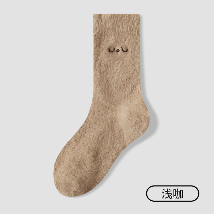 女襪｜水貂絨襪子女冬季加絨加厚居家保暖地板襪卡通刺繡親膚舒適堆堆襪「YM1159」25.11-1