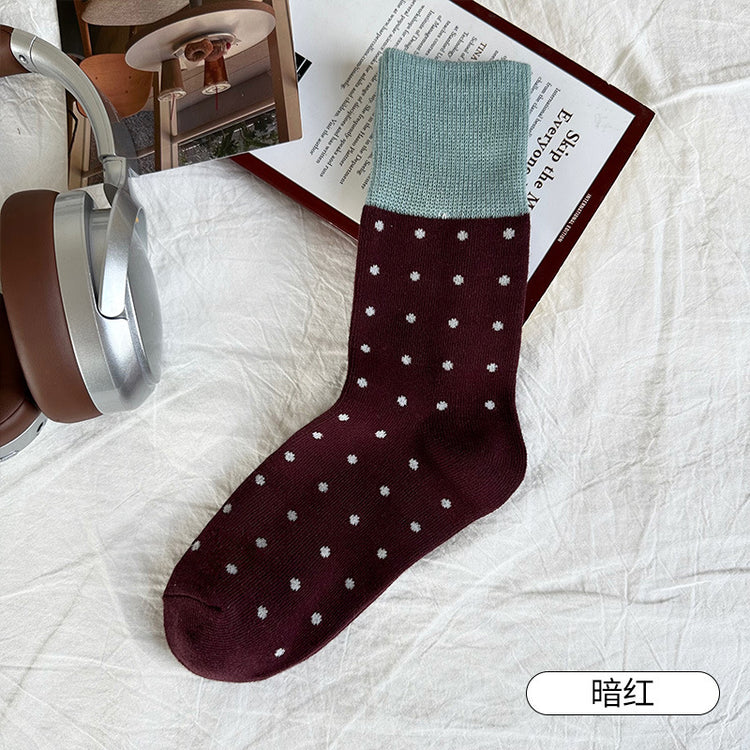 女襪｜襪子女士經典撞色波點個性復古堆堆襪秋冬季保暖學院風中筒襪「YJ23128」25.10-1