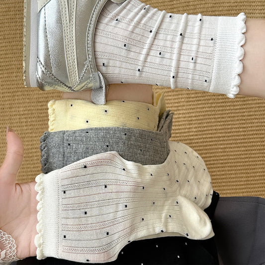 女襪｜襪子女士夏季薄款復古波點花邊堆堆襪棉質吸汗透氣彈力中筒襪「AM2505」25.07-5