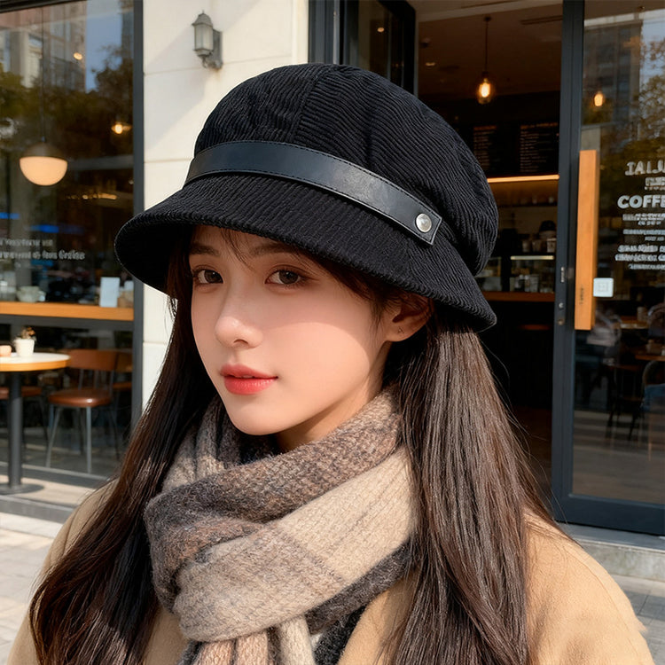 流行帽子｜秋冬燈芯絨漁夫帽子女2025新款一帽多戴禮帽休閒百搭保暖貝雷帽潮「C5636」25.09-4