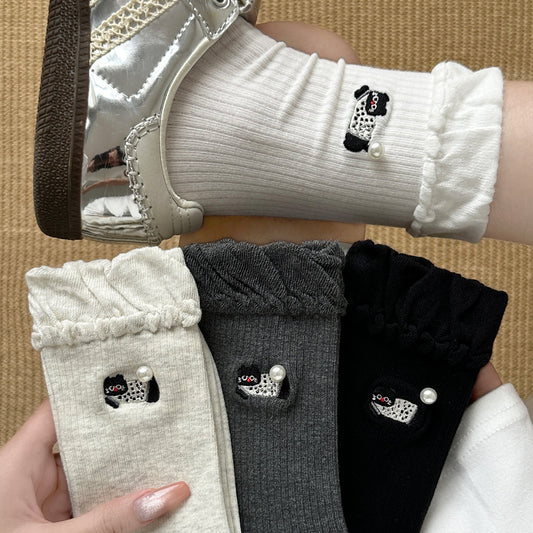 女襪｜卡通刺繡襪子女miu系珍珠彈力親膚舒適中筒襪棉質吸汗透氣堆堆襪「XC2332」25.08-3
