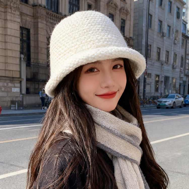 流行帽子｜秋冬日系加厚毛線漁夫帽子女卷邊盆帽純色百搭保暖顯臉小針織帽男「C5653」25.09-5
