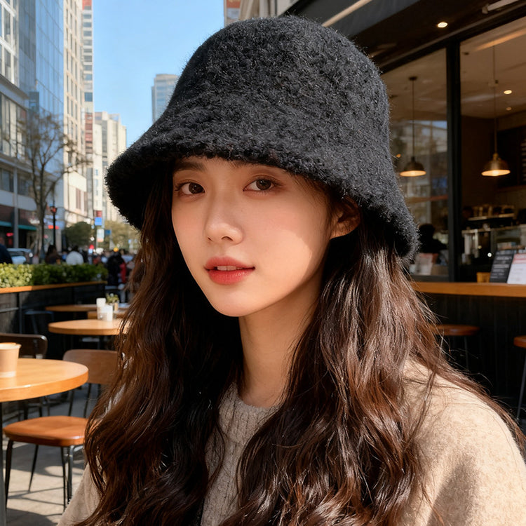 流行帽子｜秋冬新款帽子女純色簡約漁夫帽戶外百搭顯臉小羊毛盆帽保暖水桶帽「C5894」25.12-2