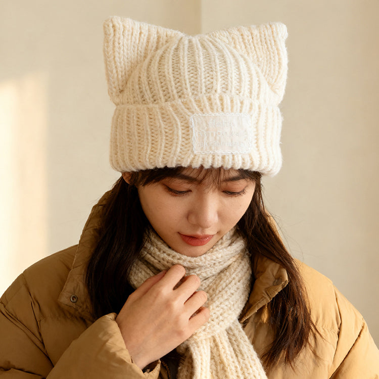 流行帽子｜新款蕾絲貼布貓耳針織帽子女秋冬保暖毛線帽時尚百搭顯臉小包頭帽「C5801」25.11-2