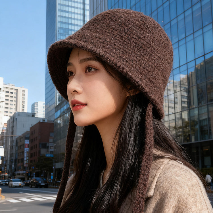 流行帽子｜韓系毛絨針織系帶漁夫帽子女秋冬顯臉小百搭盆帽大頭圍保暖水桶帽「C5743」25.10-4