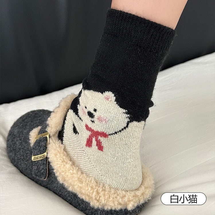 女襪｜後跟卡通圖案襪子女冬季加厚保暖羊毛襪日系學院風彈力舒適中筒襪「GO2585」25.11-4