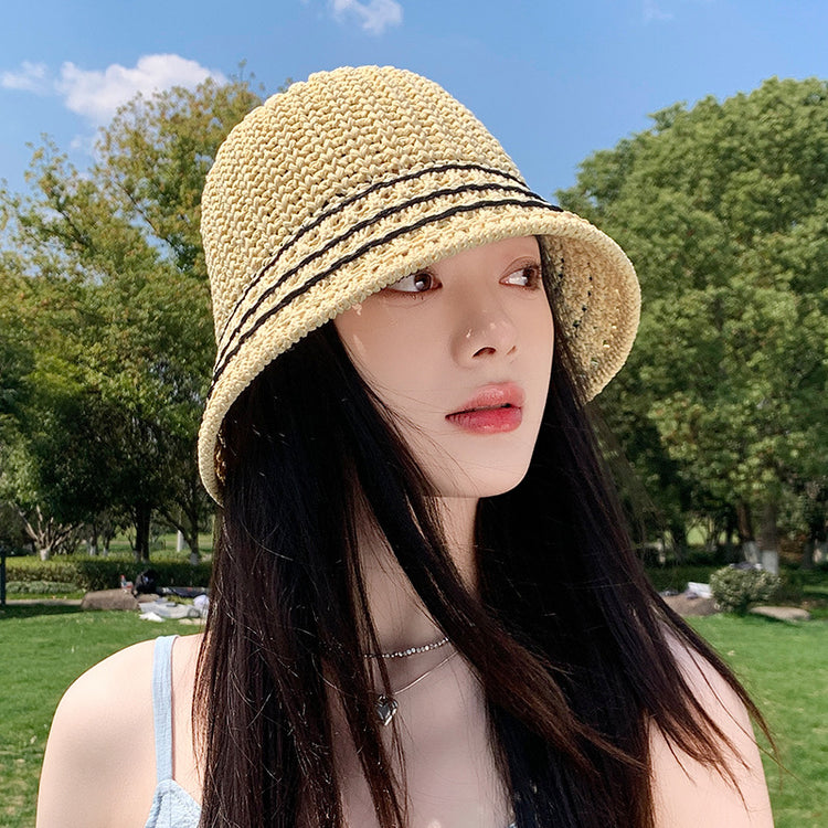 流行帽子｜夏季新款鏤空透氣帽子女編織草帽遮陽沙灘水桶帽海邊太陽帽子批發「C5038」25.05-2