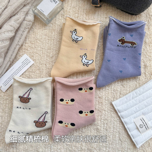 女襪｜彈力卷邊襪子女可愛卡通圖案學院風中筒襪棉質吸汗透氣舒適堆堆襪「YM2454」25.08-4