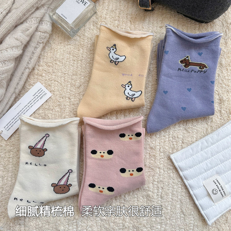 女襪｜彈力卷邊襪子女可愛卡通圖案學院風中筒襪棉質吸汗透氣舒適堆堆襪「YM2454」25.08-4
