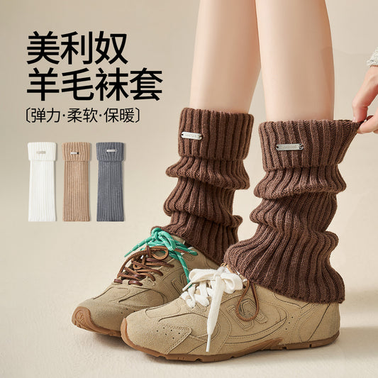 女襪｜羊毛襪套女秋冬季加厚保暖鎖溫堆堆襪復古Y2K辣妹彈力中筒腿套「WT239068」25.09-2