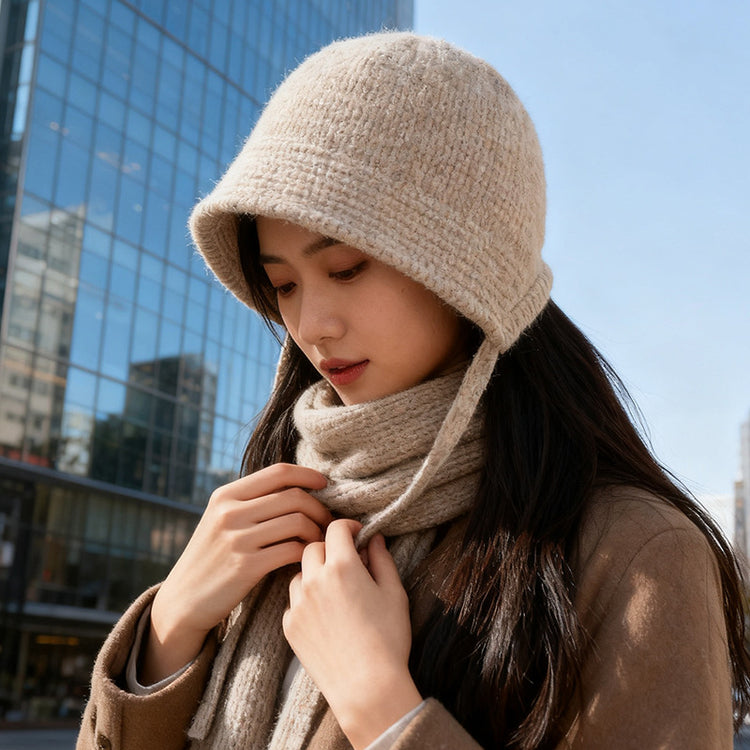 流行帽子｜韓系毛絨針織系帶漁夫帽子女秋冬顯臉小百搭盆帽大頭圍保暖水桶帽「C5743」25.10-4