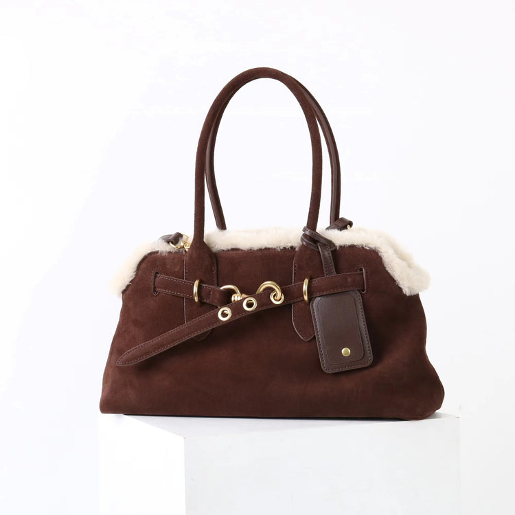 質感真皮｜2025新款復古磨砂毛絨拼接手提包大容量通勤腋下包女包包小眾設計「8358」25.11-3