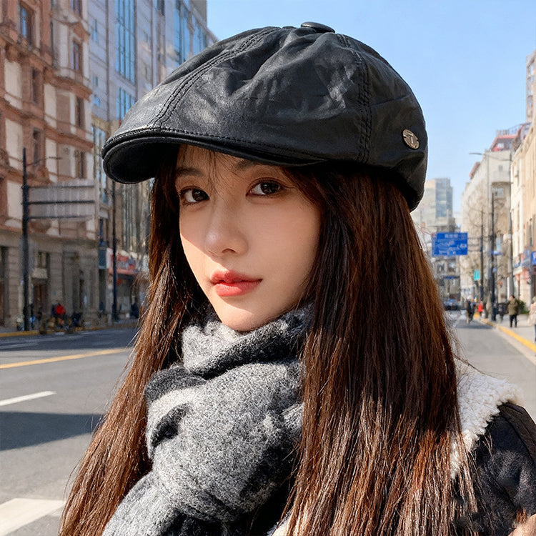 流行帽子｜英倫復古pu報童帽子女秋冬英倫顯臉小反戴貝雷帽小眾百搭前進帽潮「C5646」25.09-4