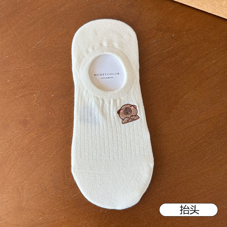 女襪｜襪子女士棉質親膚吸汗透氣彈力無骨隱形襪卡通刺繡不掉跟船襪「H5606」25.05-3