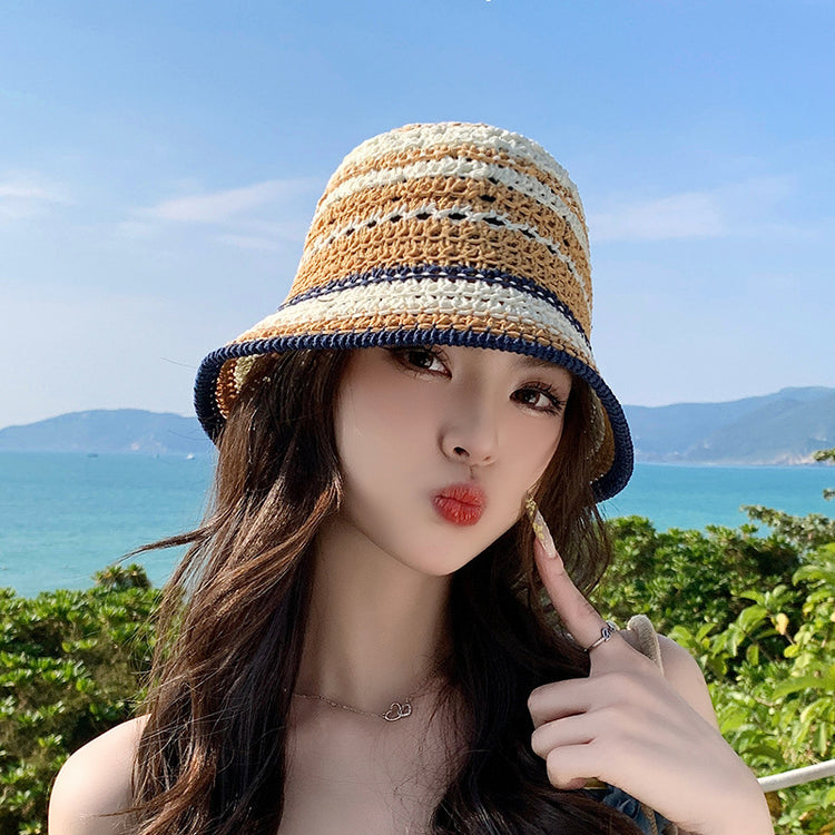 流行帽子｜夏季新款鏤空透氣帽子女編織草帽遮陽沙灘水桶帽海邊太陽帽子批發「C5038」25.05-2