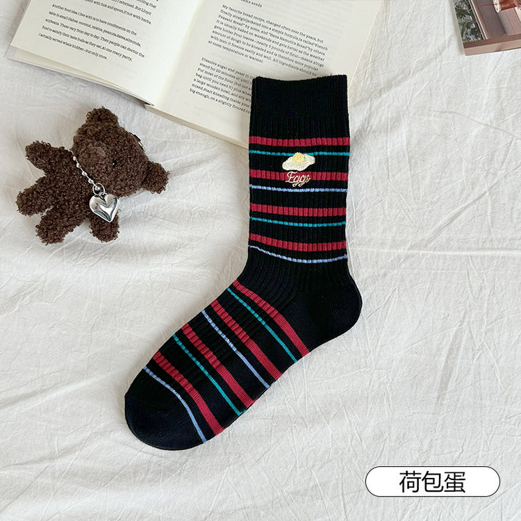 女襪｜趣味刺繡襪子女秋冬拼色條紋潮流彈力中筒襪棉質吸汗透氣堆堆襪「MK5172」25.09-4