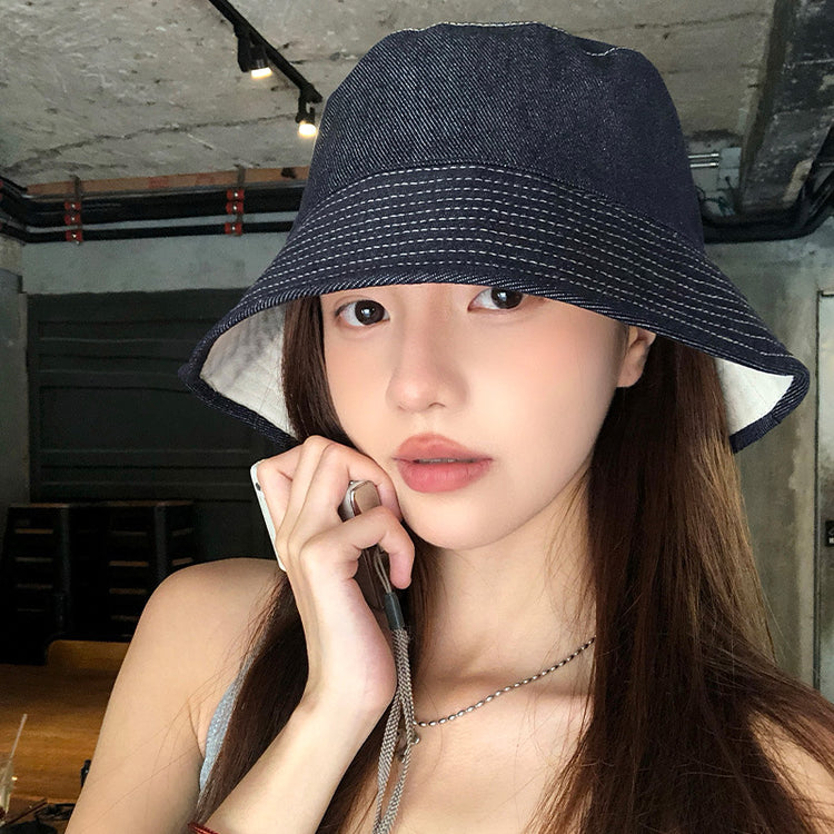 流行帽子｜日系雙面可戴帽子女春夏顯臉小牛仔漁夫帽百搭水桶帽遮陽防曬盆帽「C5484」25.08-3