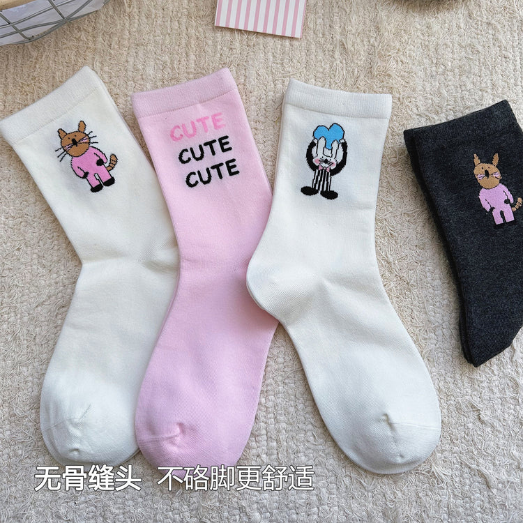 女襪｜襪子女士秋冬日系插畫卡通貓咪中筒襪彈力無骨親膚舒適堆堆襪「WN2511」25.10-1