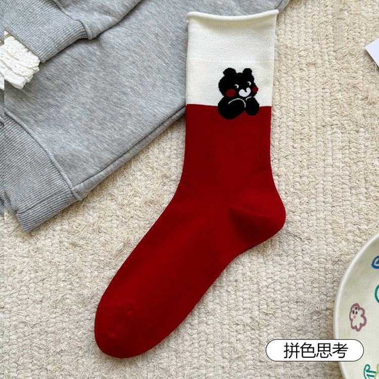 女襪｜卷邊襪子女可愛卡通動物圖案堆堆襪棉質吸汗透氣親膚舒適襪子「WN2515」25.08-4