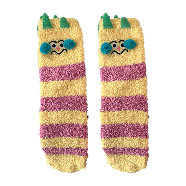女襪｜珊瑚絨襪子女秋冬季搞怪卡通可愛中筒襪加絨加厚蓄熱保暖睡眠襪「D25865」25.11-4