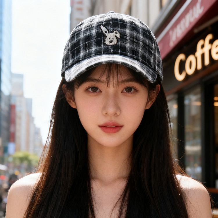 流行帽子 |韓系復古格紋小狗帽子女2025新款顯臉小棒球帽百搭遮陽防曬鴨舌帽「C5615」25.09-3