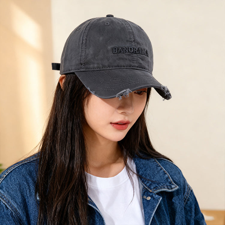 流行帽子｜美式復古字母刺繡磨邊棒球帽子女戶外遮陽大頭圍顯臉小鴨舌帽男潮「C5772」25.11-2