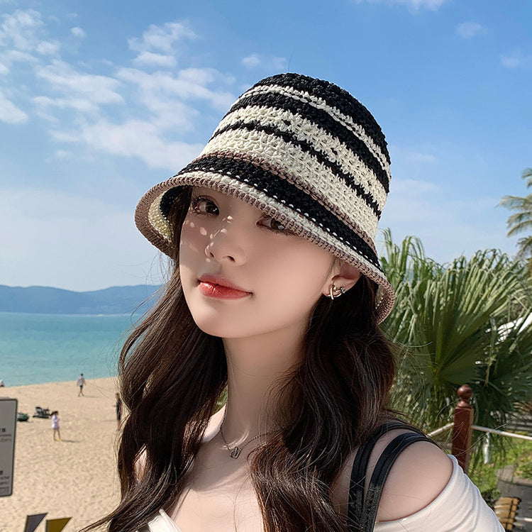 流行帽子｜夏季新款鏤空透氣帽子女編織草帽遮陽沙灘水桶帽海邊太陽帽子批發「C5038」25.05-2