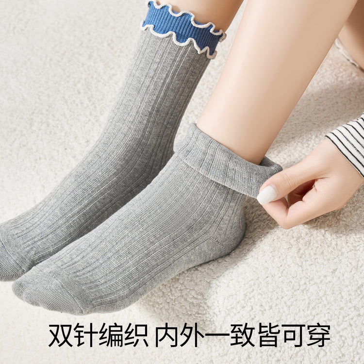 女襪｜雙木耳邊撞色襪子女棉質吸汗透氣彈力堆堆襪耐磨抗起球諸暨襪子「NY2576」25.07-2