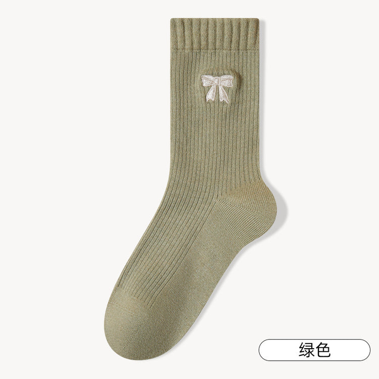 女襪｜刺繡蝴蝶結襪子女秋冬加絨加厚蓄熱保暖中筒襪親膚舒適產後月子襪「MYH24151」25.10-1