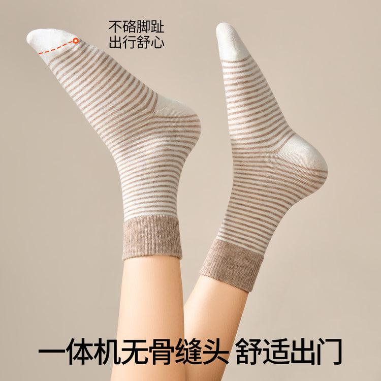 女襪｜美利奴羊毛襪子女冬季加厚保暖條紋中筒襪彈力無骨親膚舒適堆堆襪「TY139」25.10-4