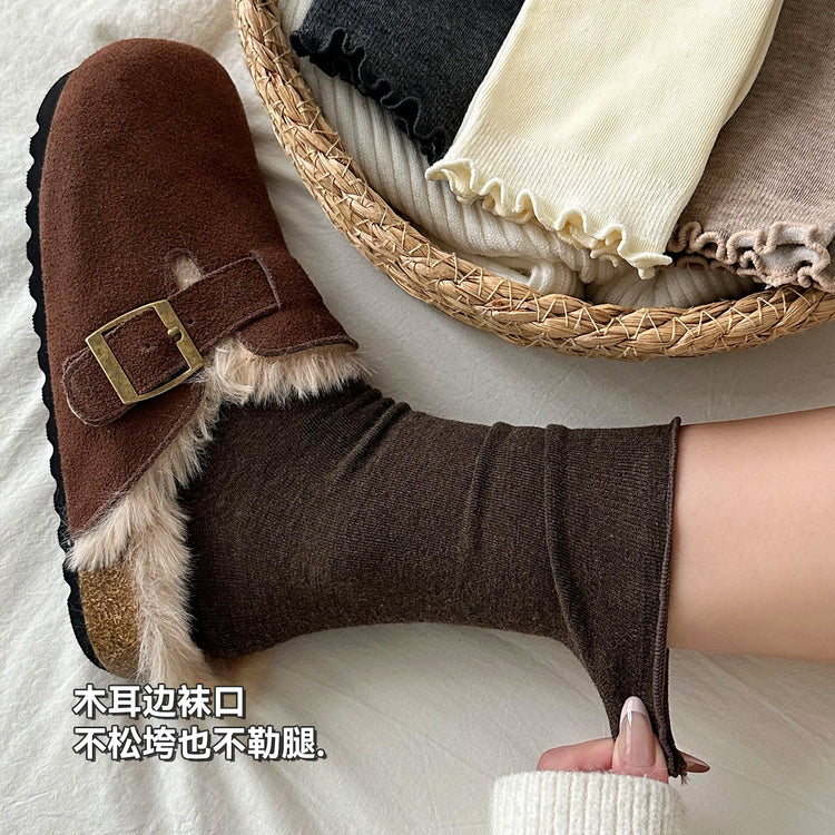 女襪｜白色堆堆襪子女美利奴羊毛木耳邊中筒襪秋冬保暖蓄熱鎖溫襪子「JX7855」25.10-4