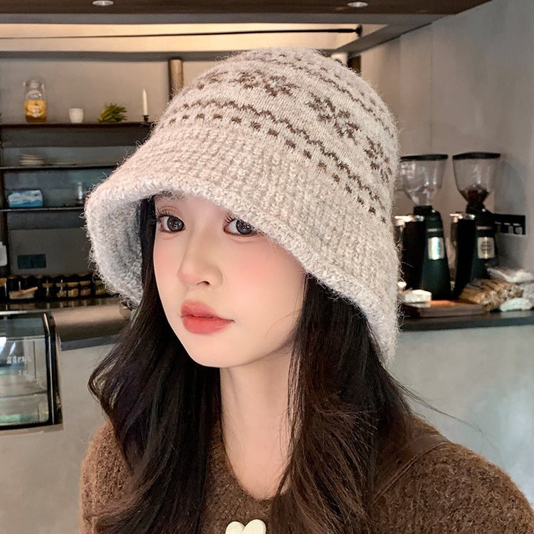 流行帽子｜秋冬日系復古漁夫帽子女雪花針織盆帽加厚保暖百搭顯臉小毛線帽潮「C5644」25.09-4