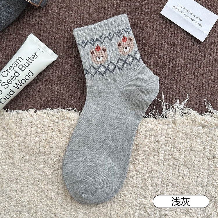 女襪｜費爾島小熊襪子女棉質吸汗透氣彈力無骨短襪學院風通勤好搭休閒襪「XC2321」25.08-2