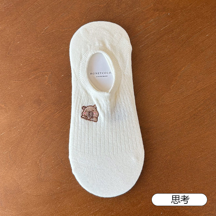 女襪｜襪子女士棉質親膚吸汗透氣彈力無骨隱形襪卡通刺繡不掉跟船襪「H5606」25.05-3