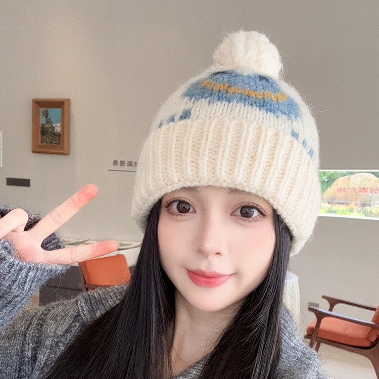 流行帽子 |2025新款可愛提花青蛙毛球毛線帽子女秋冬保暖護耳針織帽男套頭帽「C5569」25.09-2