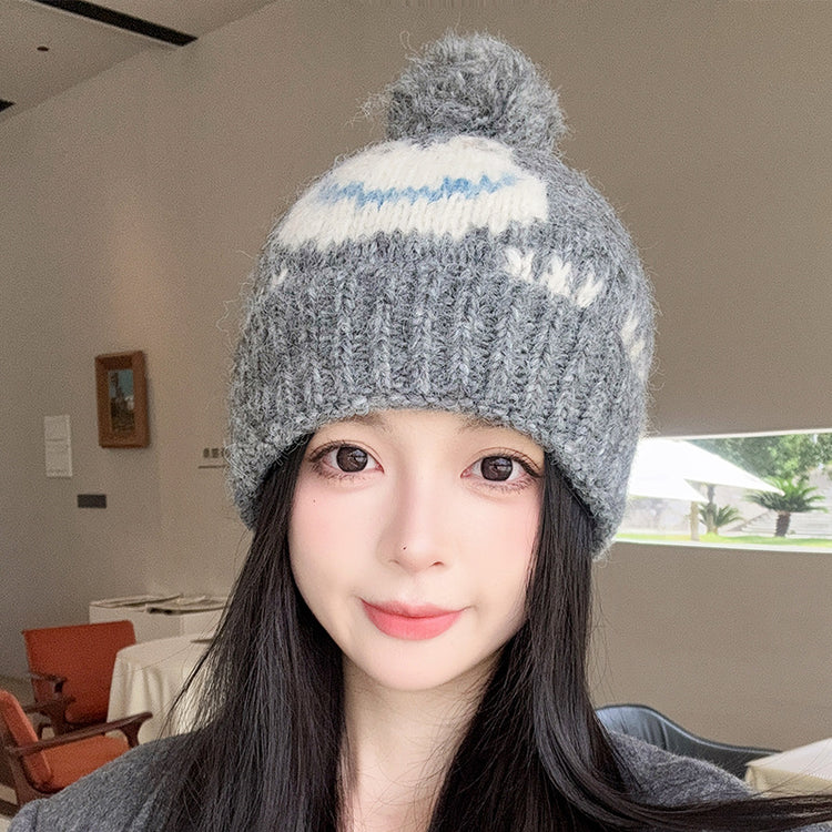 流行帽子 |2025新款可愛提花青蛙毛球毛線帽子女秋冬保暖護耳針織帽男套頭帽「C5569」25.09-2