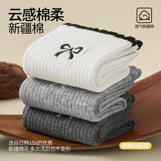 女襪｜miu系蝴蝶結襪子女彈力無骨吸汗透氣中筒襪棉質親膚舒適堆堆襪「ZX25509」25.08-3