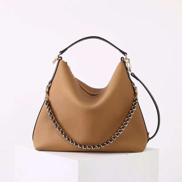 質感真皮｜2025新款潮流時尚百搭休閒頭層軟牛皮鏈條荔枝紋單肩包斜挎通勤托特包「6667」25.12-2