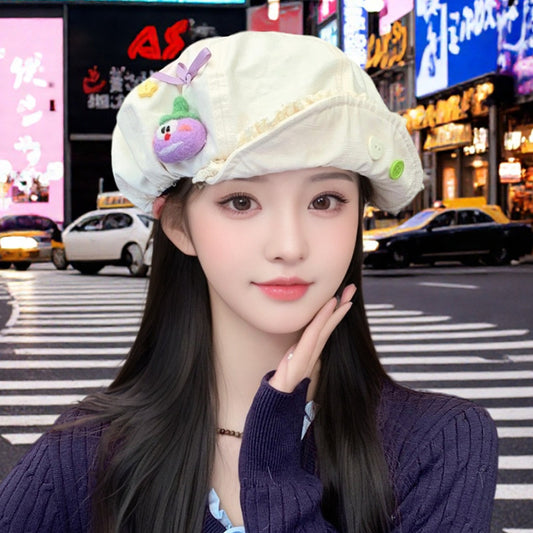 流行帽子 |可愛卡通蝴蝶結顯臉小帽子女春夏出遊雲朵帽百搭翻檐蕾絲邊貝雷帽「C5380」25.07-3