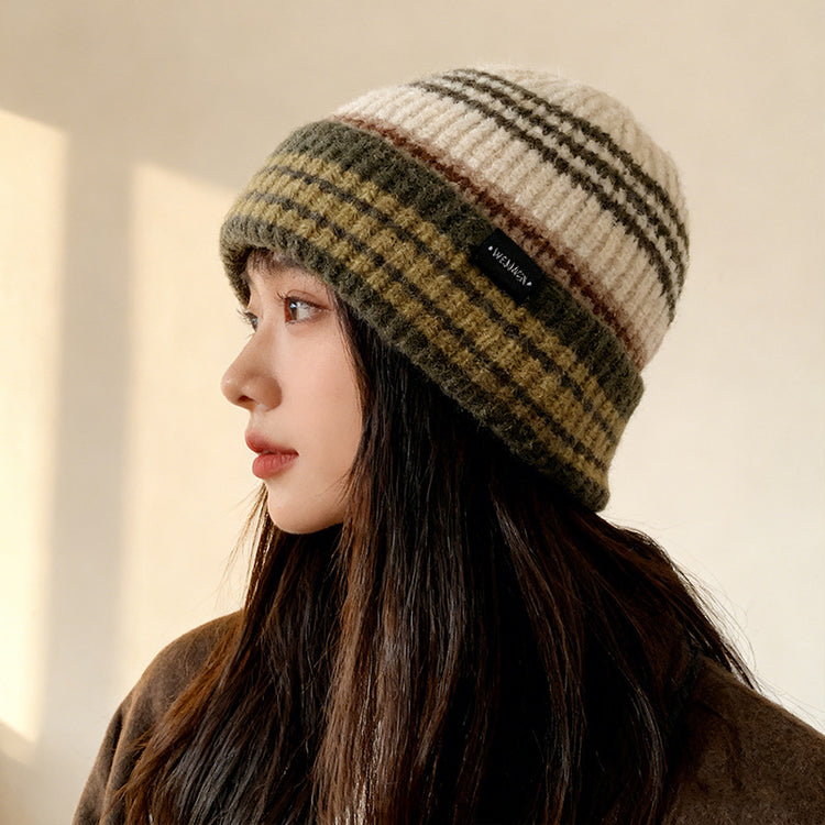 流行帽子｜韓版ins條紋拼色帽子女秋冬保暖針織毛線帽男顯臉小戶外堆堆冷帽「C5865」25.11-4
