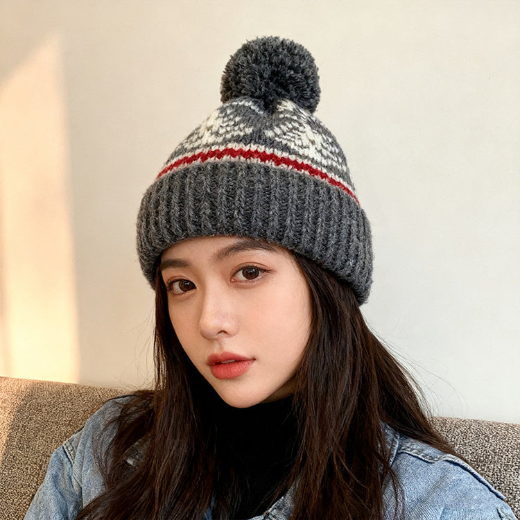 流行帽子｜2025復古費爾島風毛線帽子女冬季加厚保暖針織帽日系護耳毛球冷帽「C4775AA」25.12-1