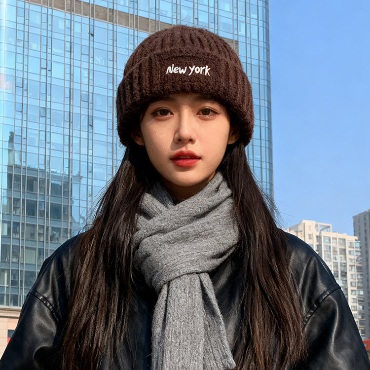 流行帽子｜大頭圍字母刺繡針織毛線帽子女冬季保暖防寒冷帽顯臉小瓜皮包頭帽「C5749」25.10-4