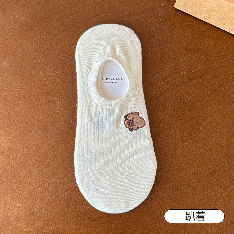 女襪｜襪子女士棉質親膚吸汗透氣彈力無骨隱形襪卡通刺繡不掉跟船襪「H5606」25.05-3