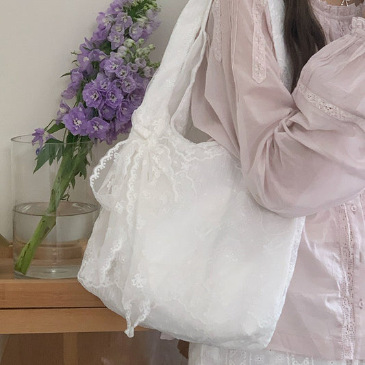 日韓流行｜韓系小清新蕾絲花朵帆布包女2025新款大容量單肩托特包通勤腋下包「9590#」25.05-1