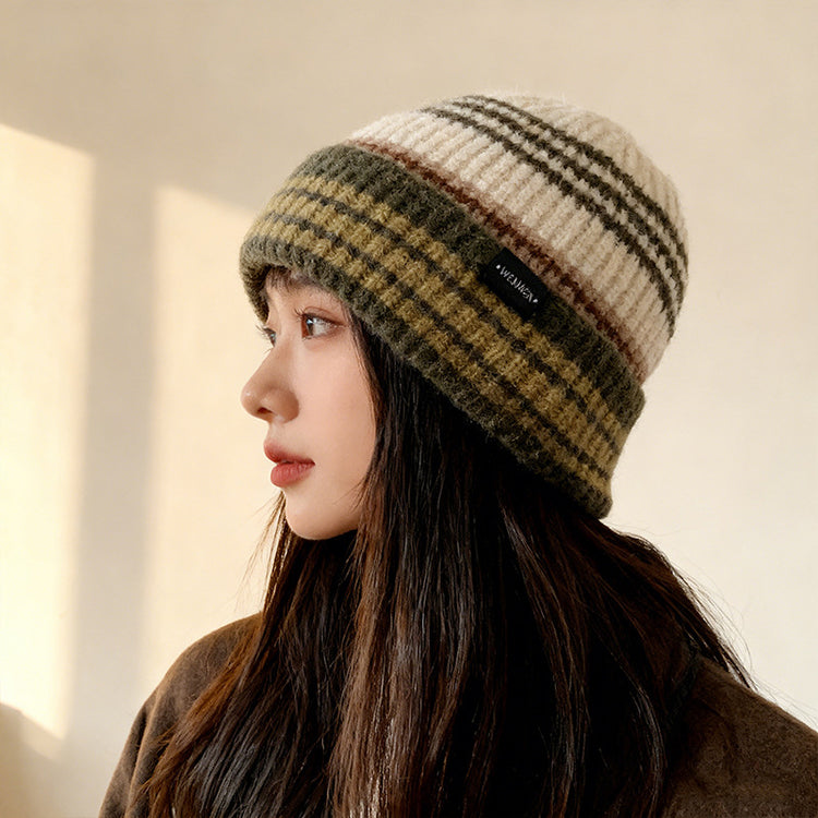 流行帽子｜韓版ins條紋拼色帽子女秋冬保暖針織毛線帽男顯臉小戶外堆堆冷帽「C5865」25.11-4