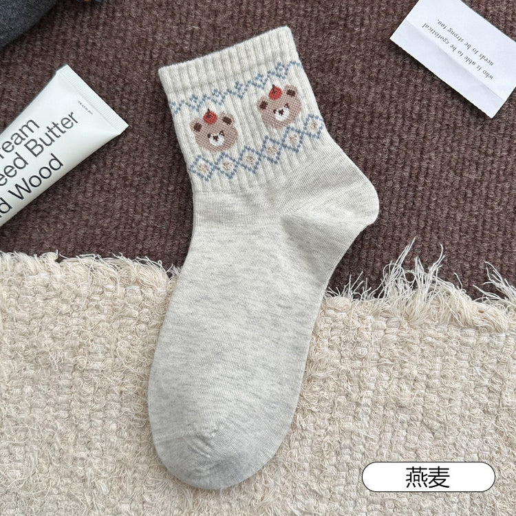 女襪｜費爾島小熊襪子女棉質吸汗透氣彈力無骨短襪學院風通勤好搭休閒襪「XC2321」25.08-2